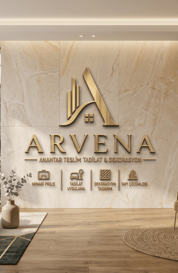 Arvena Concept karşılama alanı — traverten logo duvarı