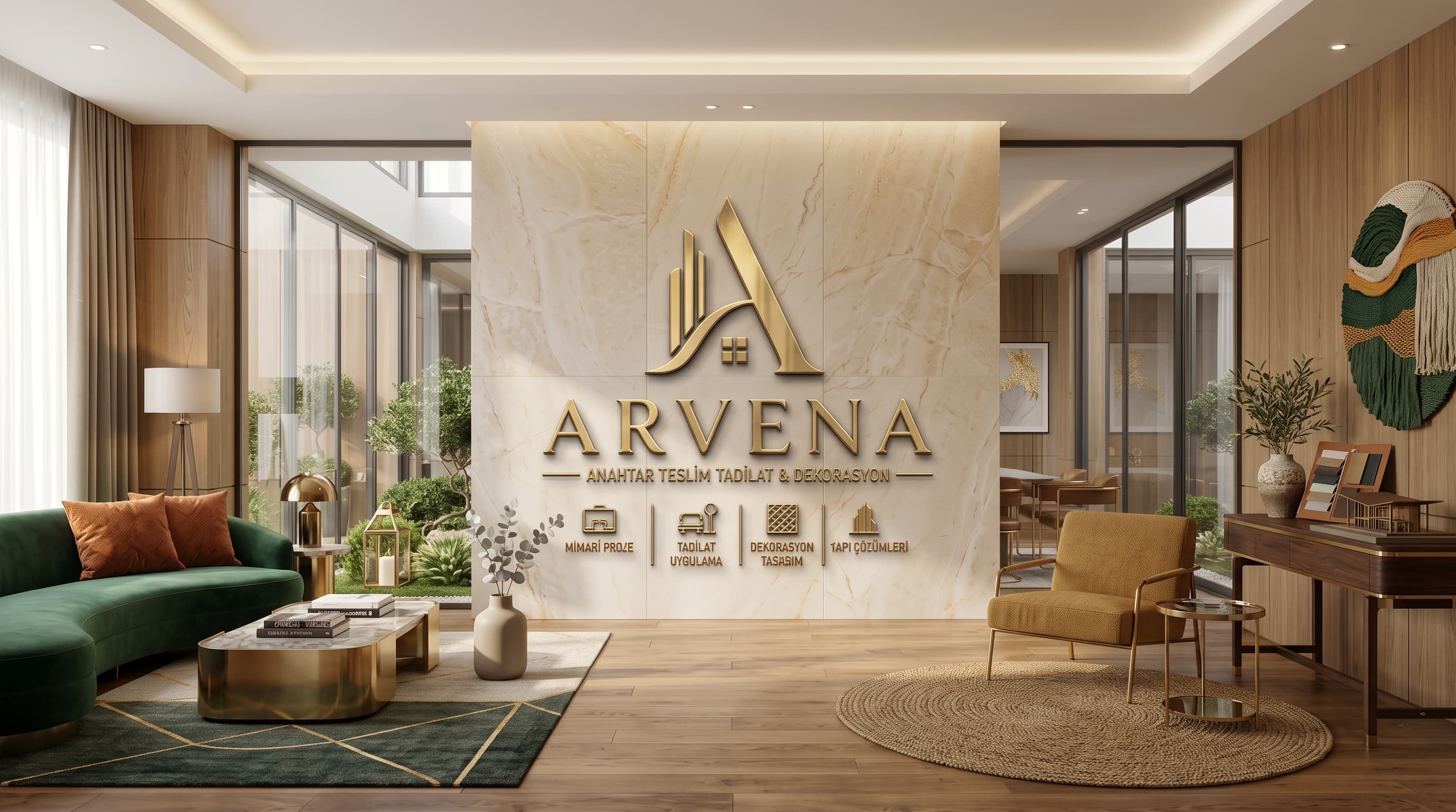 Arvena Concept showroom — traverten logo duvarı ve karşılama alanı